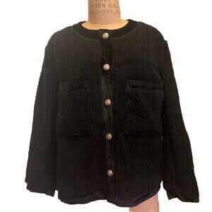 Women’s Black Fuzzy Faux Fur Velvet Trim Button Down Cardigan Sweater Size M